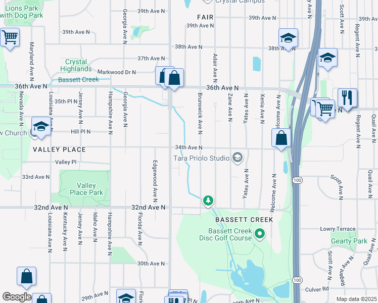 map of restaurants, bars, coffee shops, grocery stores, and more near 6125 34th Ave N in Minneapolis