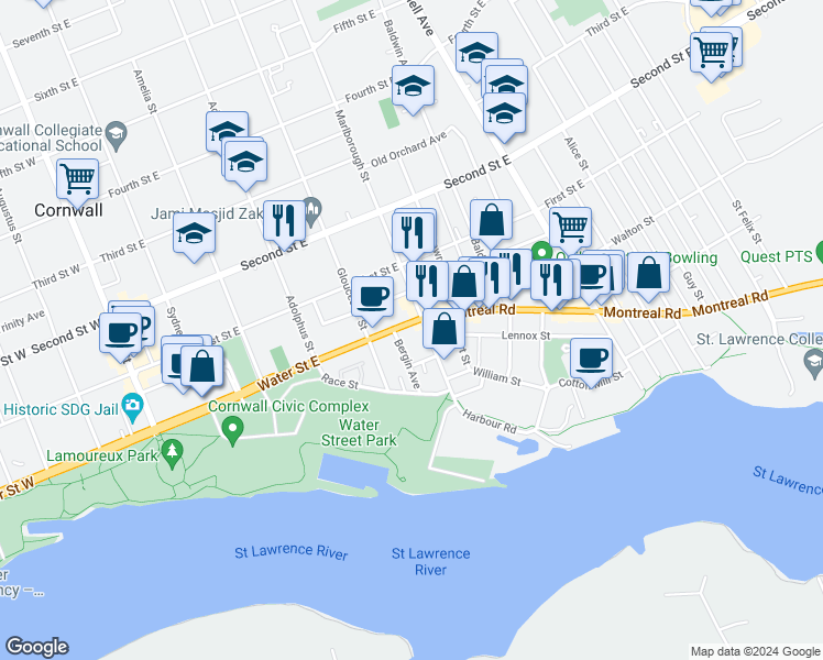 map of restaurants, bars, coffee shops, grocery stores, and more near 440 Water Street East in Cornwall