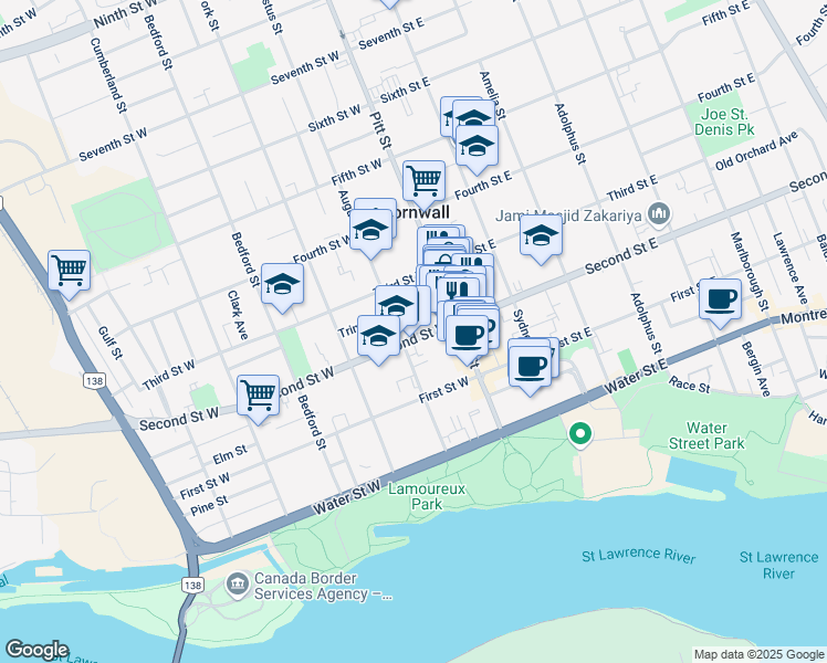 map of restaurants, bars, coffee shops, grocery stores, and more near 29 Second Street West in Cornwall