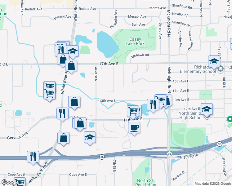 map of restaurants, bars, coffee shops, grocery stores, and more near 2560 Dianne Street in North Saint Paul