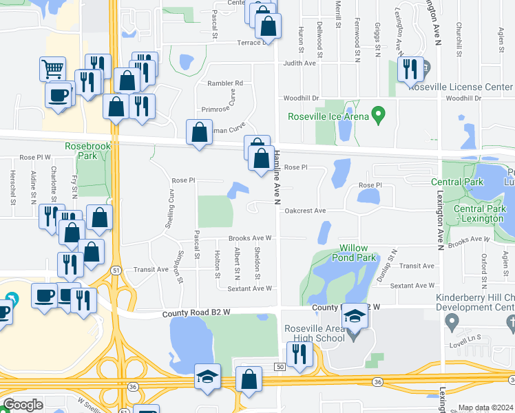 map of restaurants, bars, coffee shops, grocery stores, and more near 2555 Hamline Avenue North in Roseville