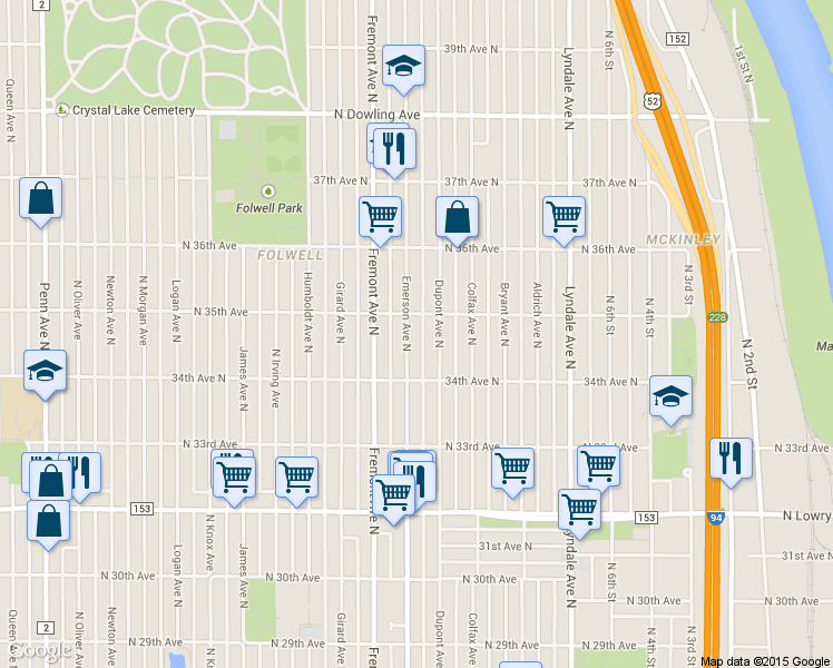 map of restaurants, bars, coffee shops, grocery stores, and more near 3442 Emerson Ave N in Minneapolis
