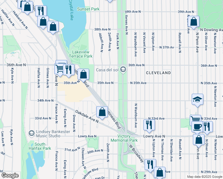 map of restaurants, bars, coffee shops, grocery stores, and more near 3436 Zenith Avenue North in Minneapolis