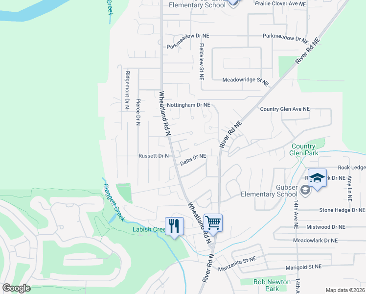 map of restaurants, bars, coffee shops, grocery stores, and more near 6858 Wheatland Road North in Keizer
