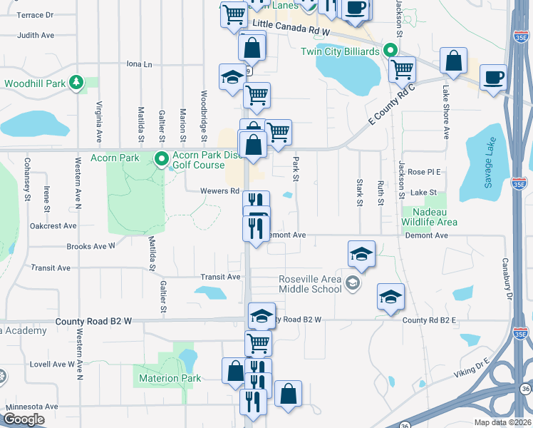 map of restaurants, bars, coffee shops, grocery stores, and more near 2550 Rice Street in Saint Paul