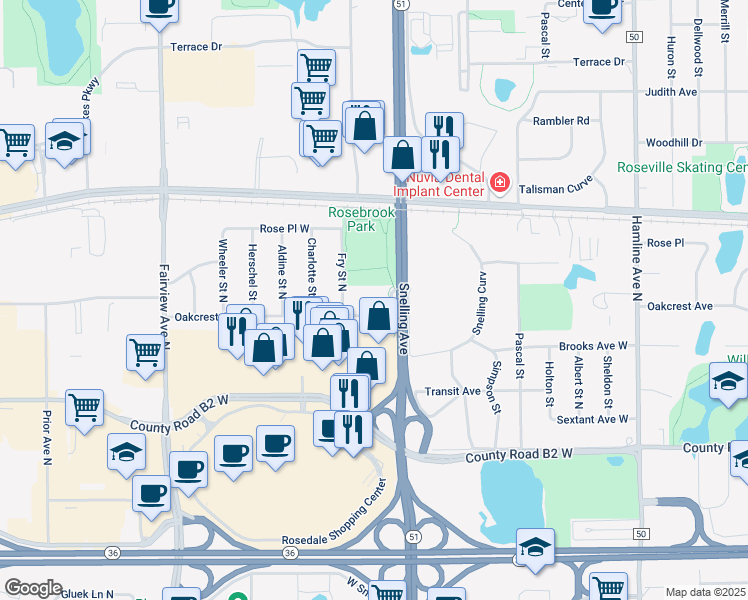 map of restaurants, bars, coffee shops, grocery stores, and more near 2555 Snelling Avenue North in Roseville