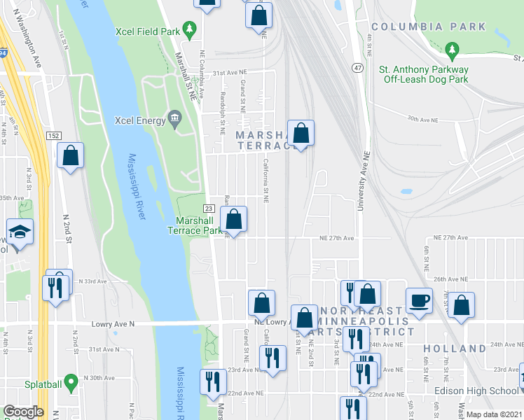 map of restaurants, bars, coffee shops, grocery stores, and more near 2701 California Street Northeast in Minneapolis
