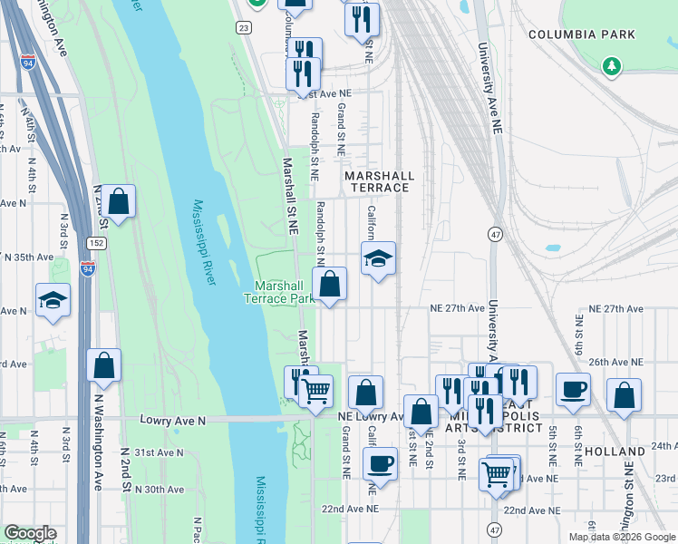 map of restaurants, bars, coffee shops, grocery stores, and more near 2743 Grand Street Northeast in Minneapolis
