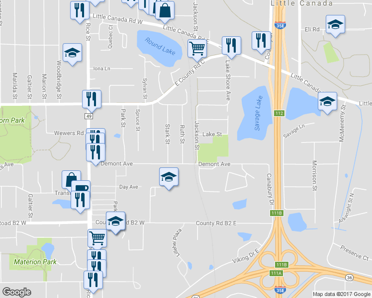 map of restaurants, bars, coffee shops, grocery stores, and more near 2540 Ruth Street in Little Canada