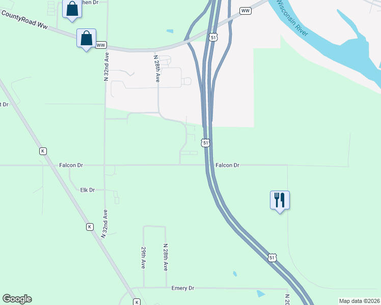 map of restaurants, bars, coffee shops, grocery stores, and more near 5047-5097 North 28th Avenue in Wausau