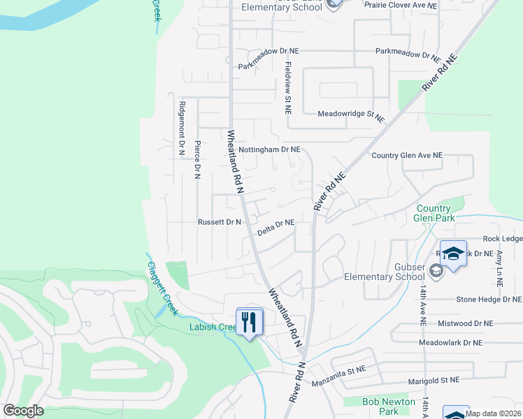 map of restaurants, bars, coffee shops, grocery stores, and more near 6858 Wheatland Road North in Keizer