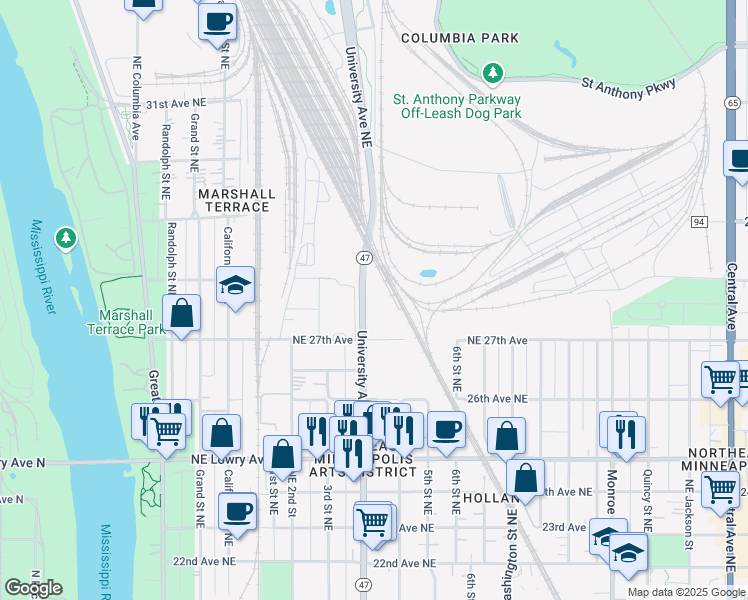 map of restaurants, bars, coffee shops, grocery stores, and more near 401 1/2 27th Avenue Northeast in Minneapolis