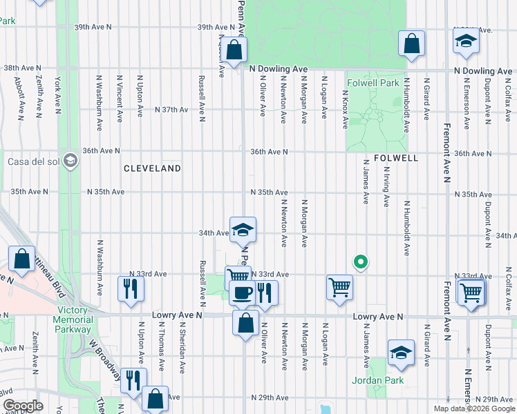 map of restaurants, bars, coffee shops, grocery stores, and more near 3441 North Oliver Avenue in Minneapolis