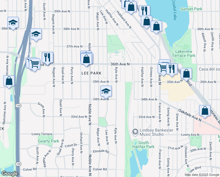 map of restaurants, bars, coffee shops, grocery stores, and more near 3436 Lee Avenue North in Minneapolis