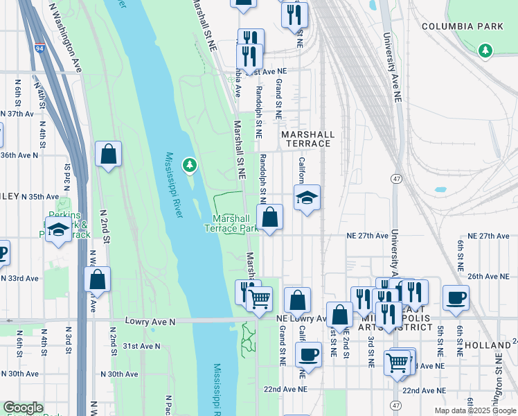 map of restaurants, bars, coffee shops, grocery stores, and more near 2742 Randolph St NE in Minneapolis