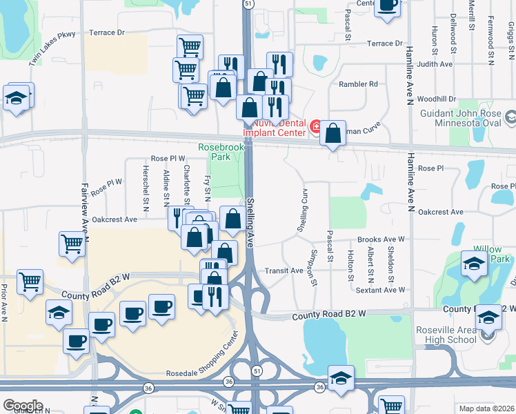 map of restaurants, bars, coffee shops, grocery stores, and more near 2550 Snelling Avenue in Roseville