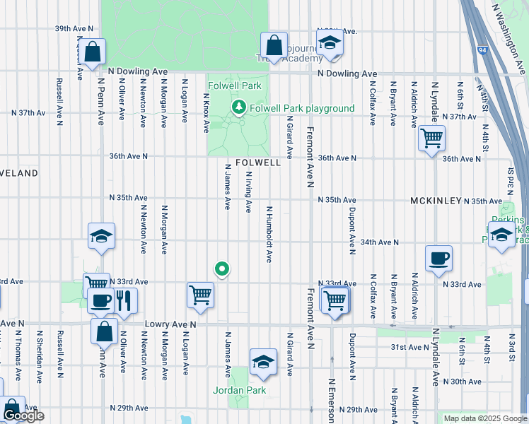 map of restaurants, bars, coffee shops, grocery stores, and more near 3443 North Humboldt Avenue in Minneapolis