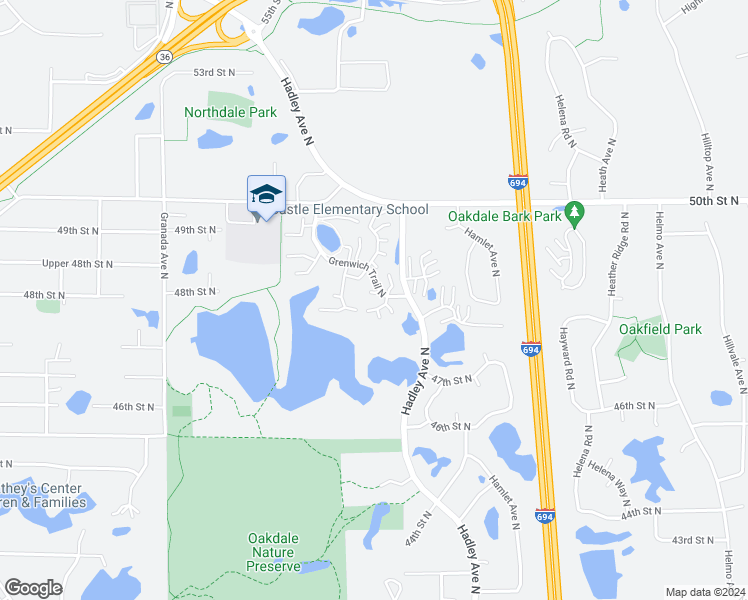 map of restaurants, bars, coffee shops, grocery stores, and more near 4788 Grenwich Road North in Oakdale