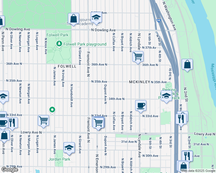 map of restaurants, bars, coffee shops, grocery stores, and more near 3438 Dupont Ave North in Minneapolis