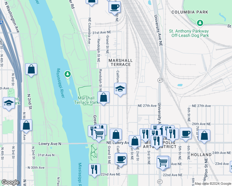 map of restaurants, bars, coffee shops, grocery stores, and more near 2701 California Street Northeast in Minneapolis