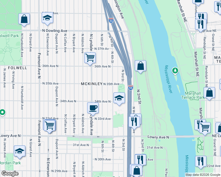 map of restaurants, bars, coffee shops, grocery stores, and more near 3447 North 4th Street in Minneapolis