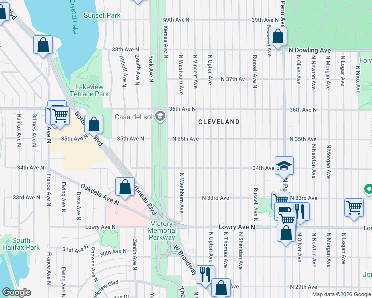 map of restaurants, bars, coffee shops, grocery stores, and more near 3439 North Vincent Avenue in Minneapolis