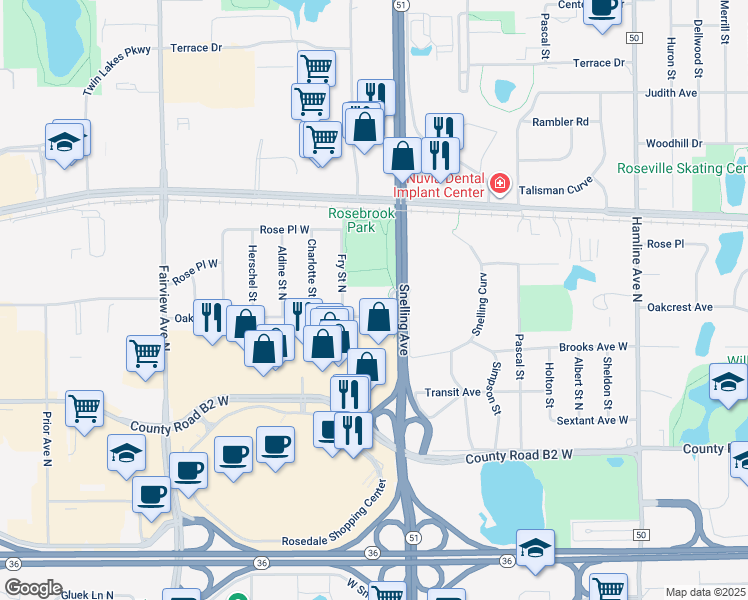 map of restaurants, bars, coffee shops, grocery stores, and more near 2555 Snelling Avenue North in Roseville