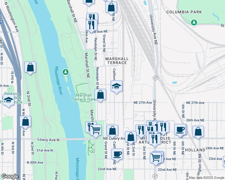 map of restaurants, bars, coffee shops, grocery stores, and more near 2742 California Street Northeast in Minneapolis