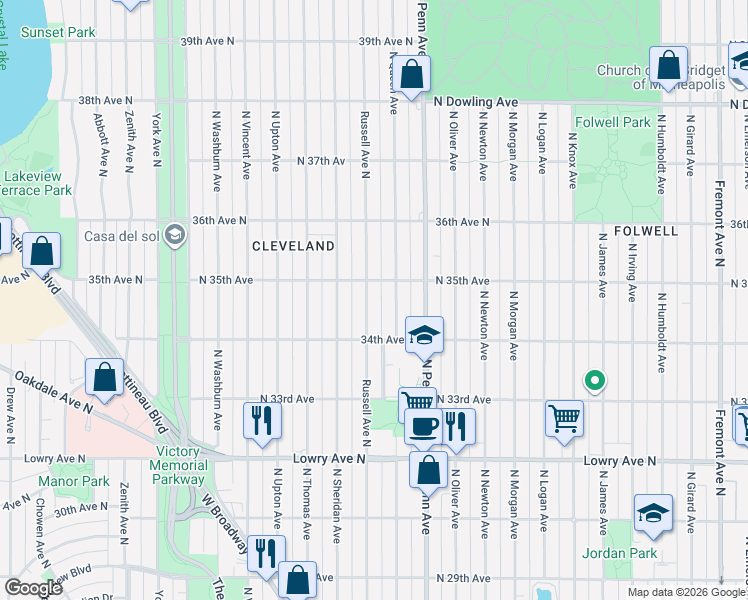 map of restaurants, bars, coffee shops, grocery stores, and more near 3438 Russell Avenue North in Minneapolis