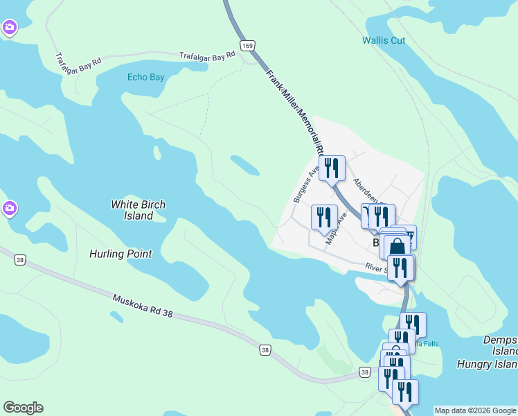 map of restaurants, bars, coffee shops, grocery stores, and more near River Street in Muskoka District Municipality