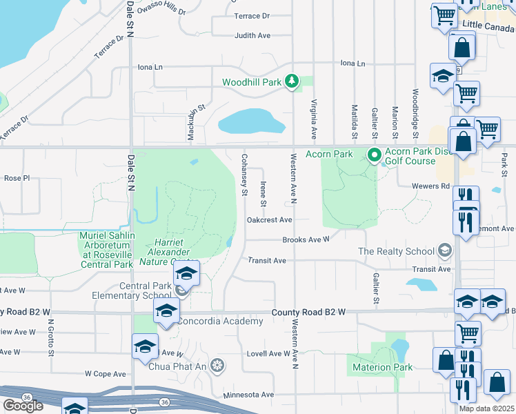 map of restaurants, bars, coffee shops, grocery stores, and more near 2553 Irene Street in Roseville