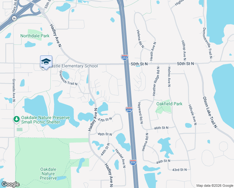 map of restaurants, bars, coffee shops, grocery stores, and more near 4822 Hamlet Way North in Oakdale