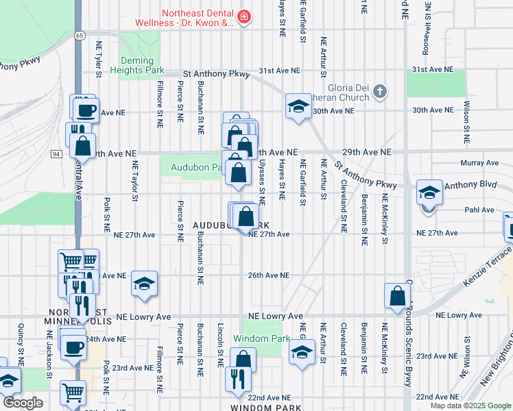 map of restaurants, bars, coffee shops, grocery stores, and more near 2731 Ulysses Street Northeast in Minneapolis