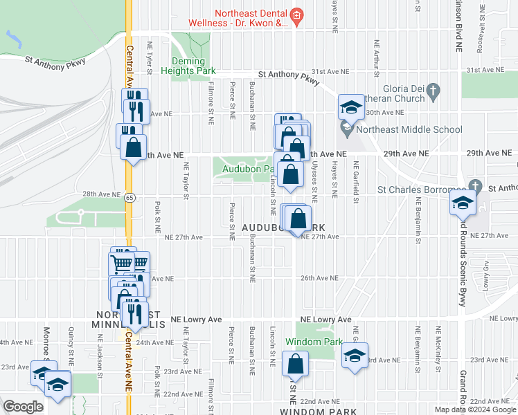map of restaurants, bars, coffee shops, grocery stores, and more near 2734 Buchanan Street Northeast in Minneapolis