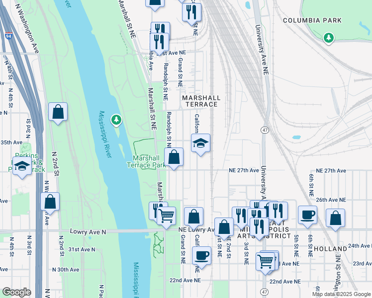 map of restaurants, bars, coffee shops, grocery stores, and more near 2743 Grand Street Northeast in Minneapolis