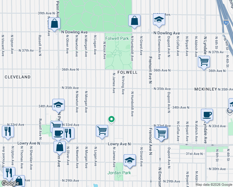 map of restaurants, bars, coffee shops, grocery stores, and more near 3439 North Irving Avenue in Minneapolis