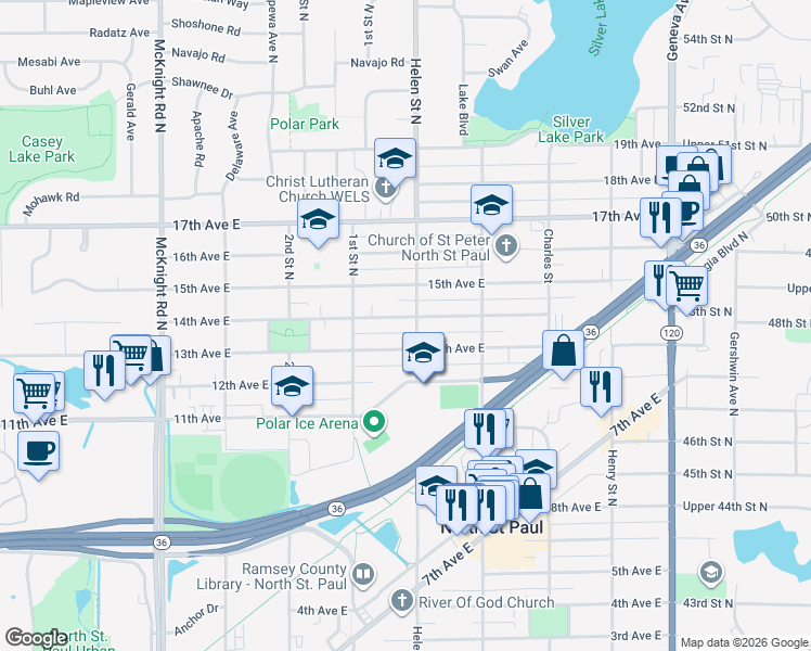 map of restaurants, bars, coffee shops, grocery stores, and more near 2490 14th Avenue East in North Saint Paul