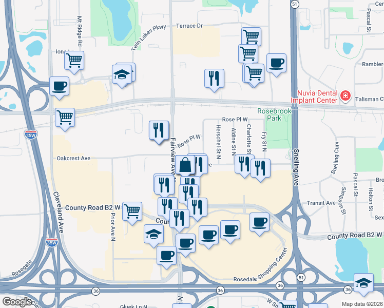 map of restaurants, bars, coffee shops, grocery stores, and more near 2558 Beacon Street North in Roseville