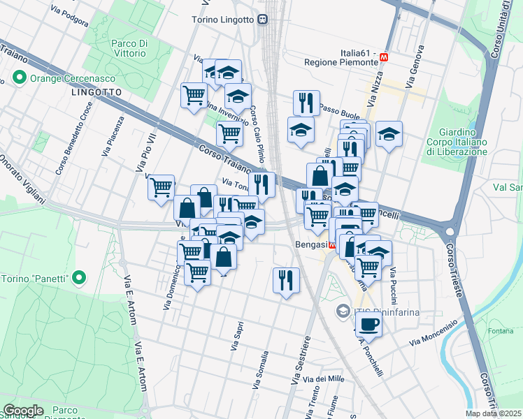 map of restaurants, bars, coffee shops, grocery stores, and more near 201 Via Onorato Vigliani in Torino