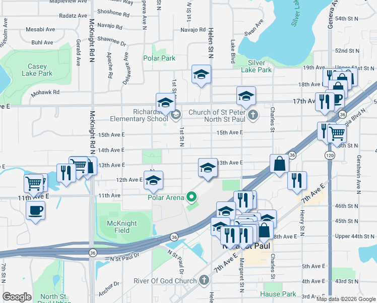 map of restaurants, bars, coffee shops, grocery stores, and more near 2454 14th Avenue East in North Saint Paul
