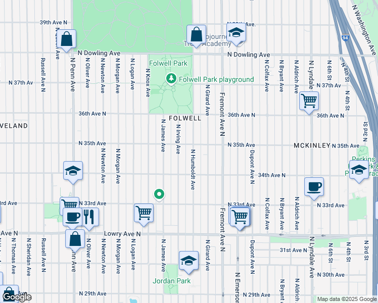 map of restaurants, bars, coffee shops, grocery stores, and more near 3443 North Humboldt Avenue in Minneapolis