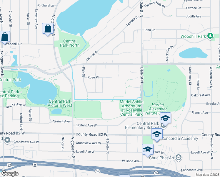 map of restaurants, bars, coffee shops, grocery stores, and more near 2555 Aladdin Street in Roseville