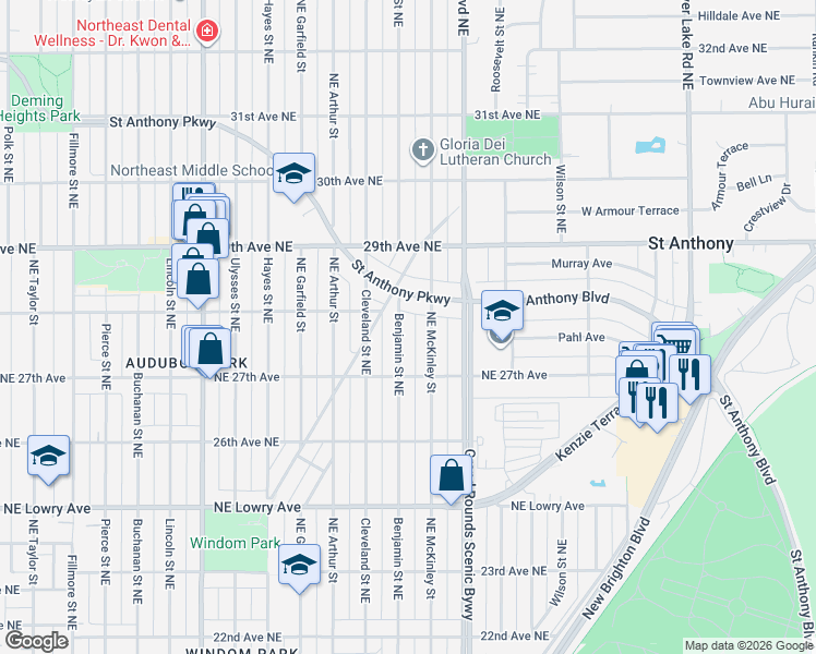 map of restaurants, bars, coffee shops, grocery stores, and more near 2734 Northeast Benjamin Street in Minneapolis