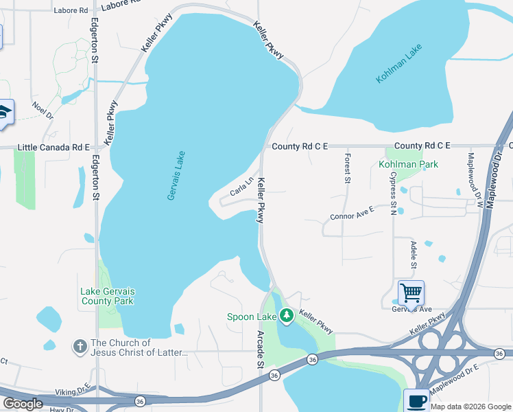 map of restaurants, bars, coffee shops, grocery stores, and more near 820 Carla Lane in Little Canada