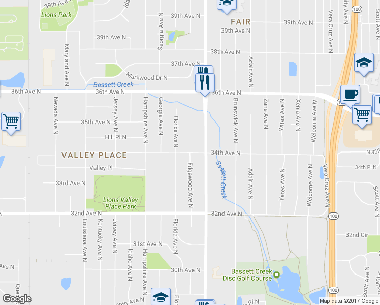 map of restaurants, bars, coffee shops, grocery stores, and more near 3443 Edgewood Avenue North in Crystal