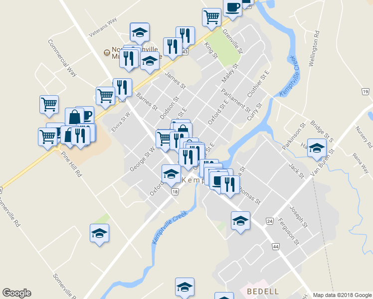 map of restaurants, bars, coffee shops, grocery stores, and more near 103 Oxford Street East in Kemptville