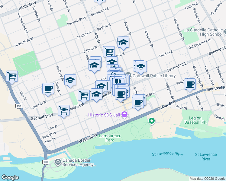 map of restaurants, bars, coffee shops, grocery stores, and more near 13 Second Street West in Cornwall