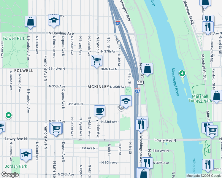 map of restaurants, bars, coffee shops, grocery stores, and more near 3442 North 6th Street in Minneapolis