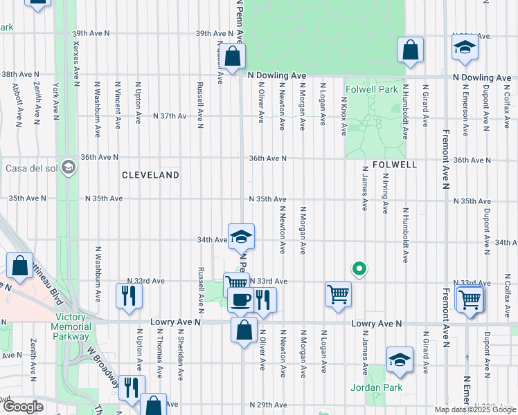 map of restaurants, bars, coffee shops, grocery stores, and more near 3441 North Oliver Avenue in Minneapolis