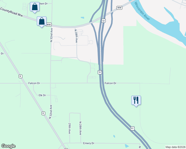 map of restaurants, bars, coffee shops, grocery stores, and more near 5047-5097 North 28th Avenue in Wausau